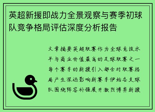 英超新援即战力全景观察与赛季初球队竞争格局评估深度分析报告